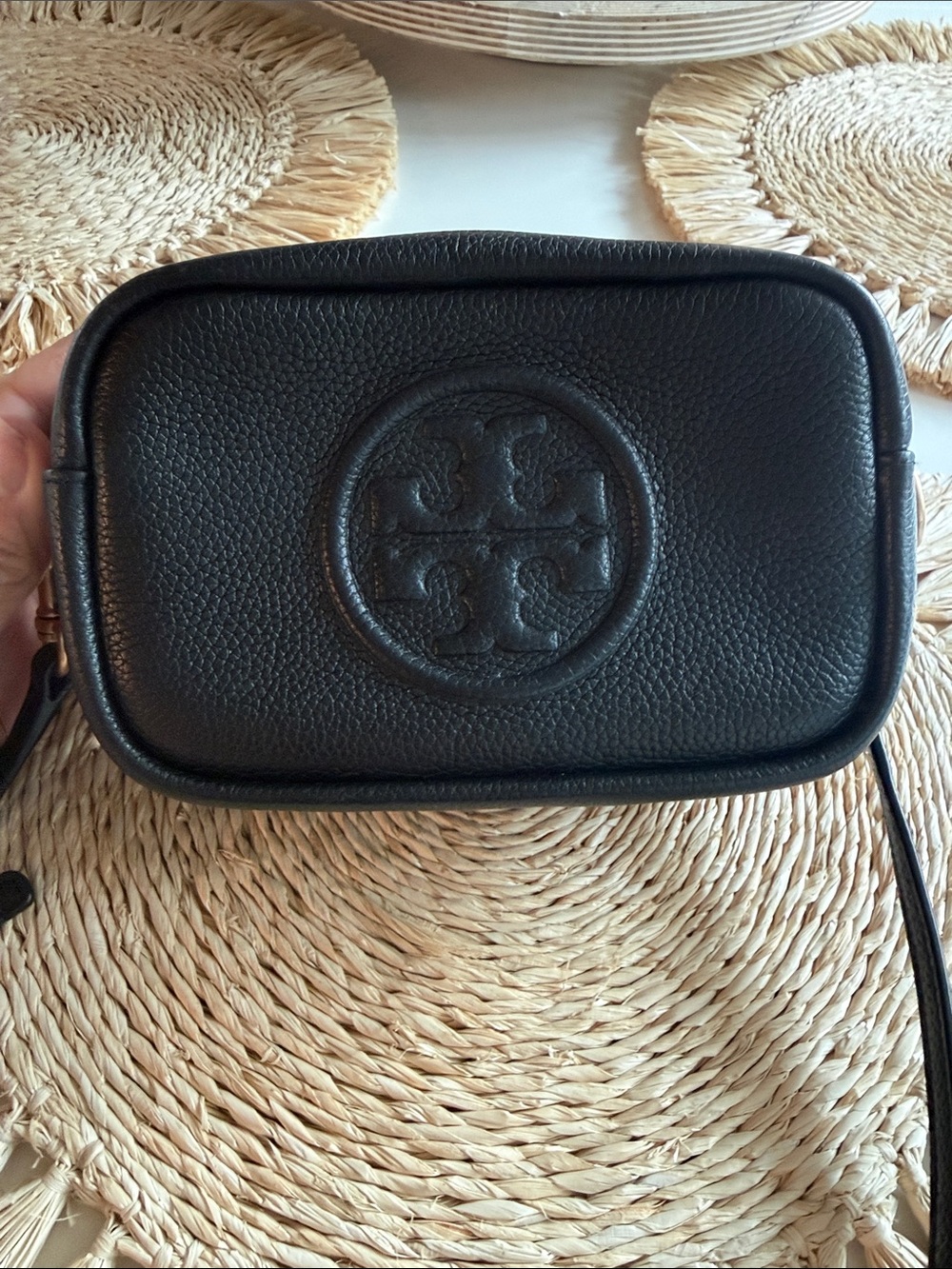Tory Burch Black Pebbled Leather Crossbody Camera Bag with Embossed Logo
